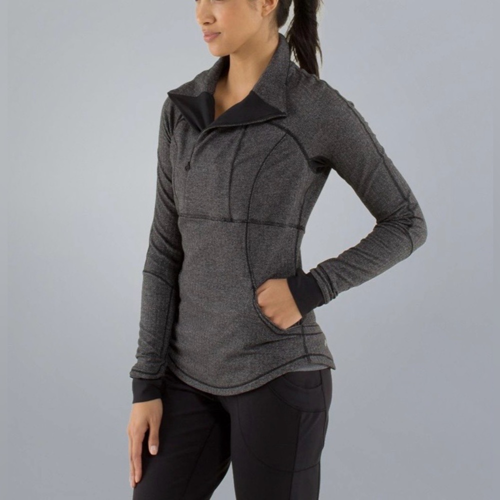 Lululemon Base Runner 1/2 Zip Pullover Jacket Heathered Herringbone Black Sz 10 - Picture 3 of 13